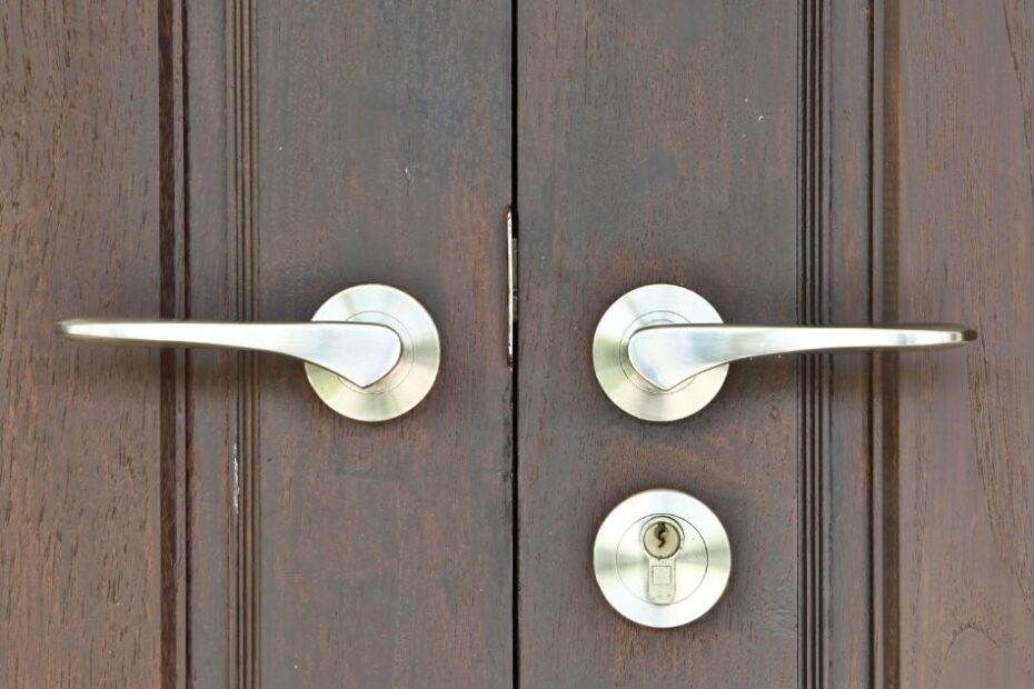 Stainless steel door lever on wooden door