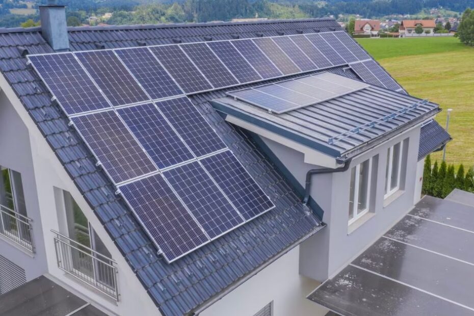 Aerial view of a private house with solar panels on the roof