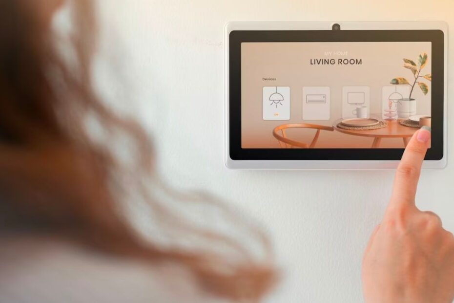 smart home innovation technology with woman using control panel