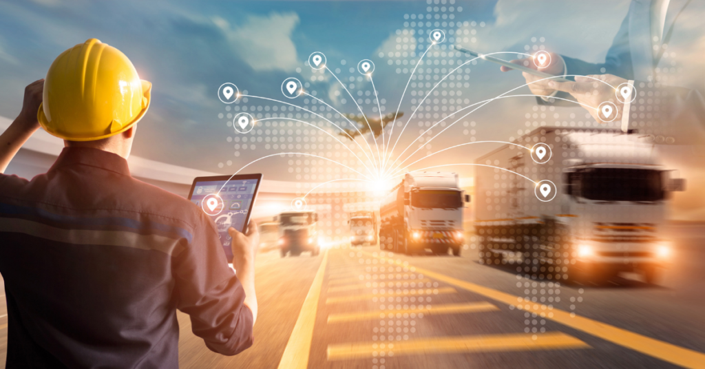 Transport and logistic concept Manager and engineer checking and controlling logistic network distribution and data on tablet for logistic Import export on motorway background