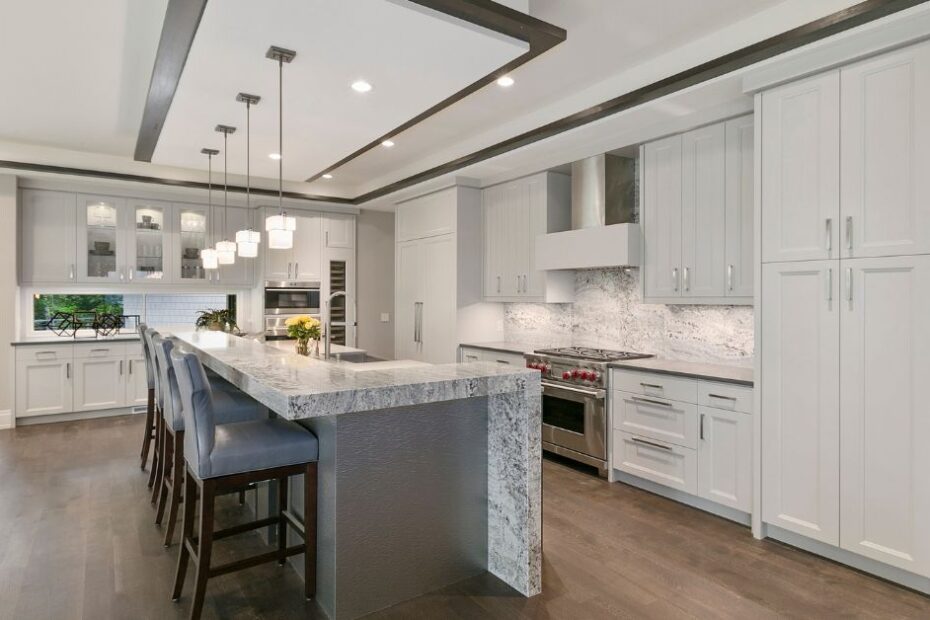 Wide open kitchen with LED lighting and recessed lighting