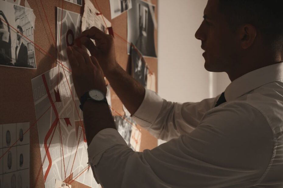 Detective Looking at Evidence Board in Office