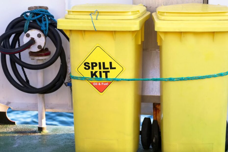 Spill kit yellow wheelie bin for health and safety