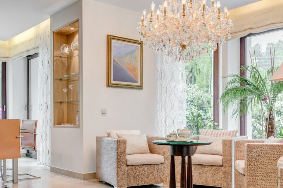 Living room with crystal chandelier