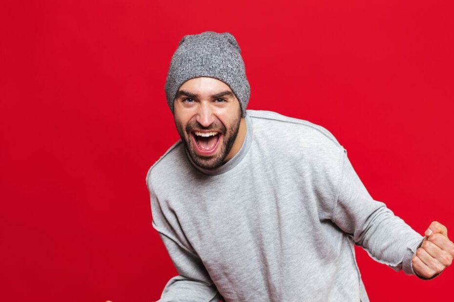 Excited Man Wearing a Beanie