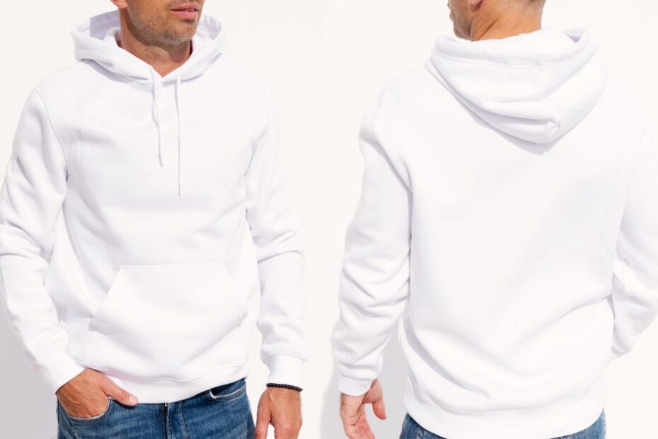 Model wearing white mens hoodie