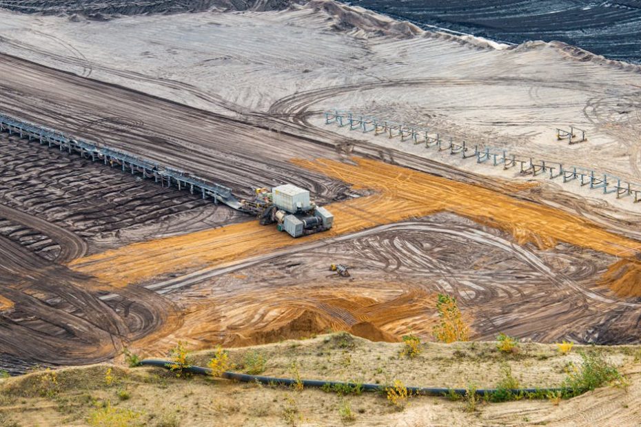 Expansive view of mining equipment and terrain in Jüchen, Germany.