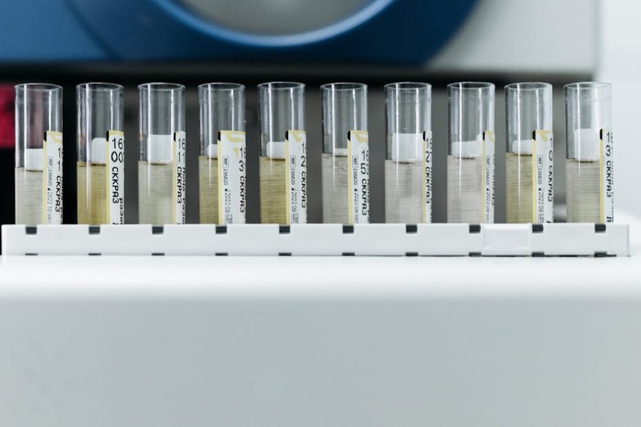 Row of labeled test tubes on a rack in a modern laboratory environment.
