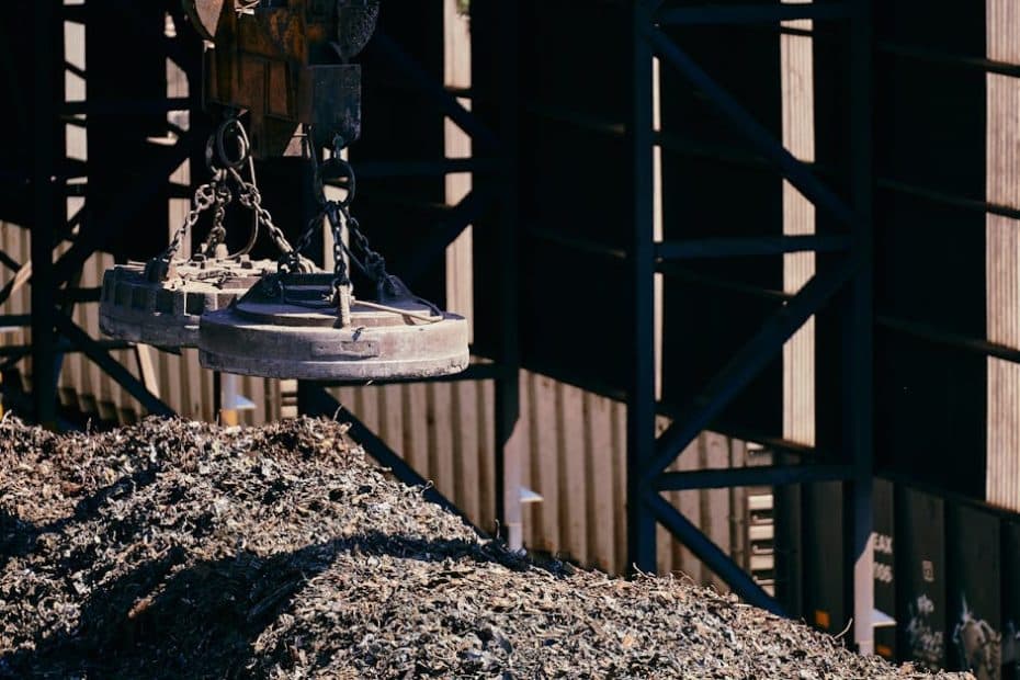Heavy-duty magnet crane operating in an industrial scrap metal yard.