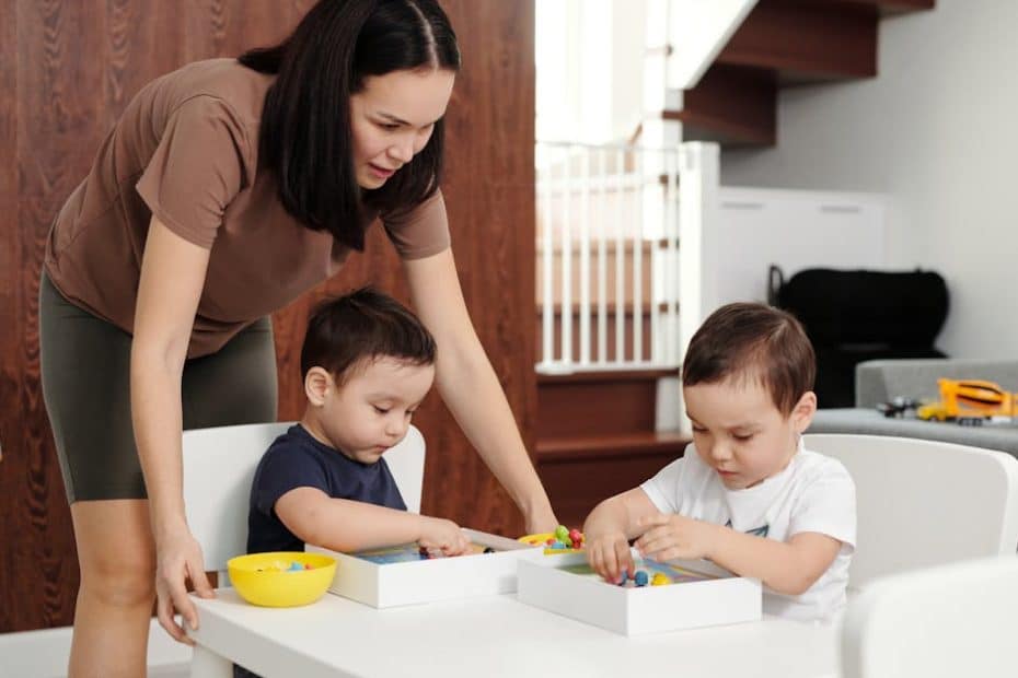 Mother spending quality time playing and learning with her kids indoors.
