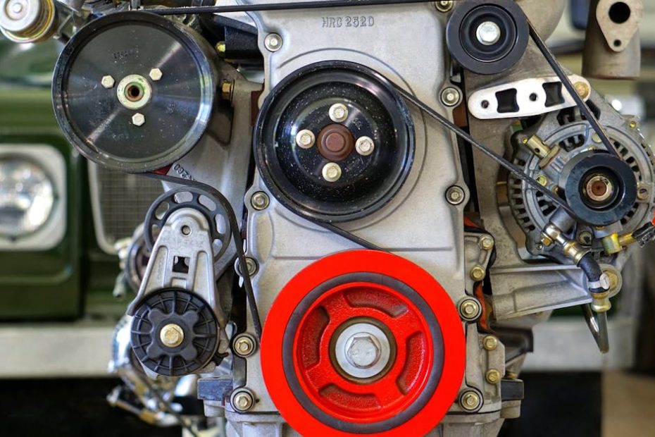 Detailed view of a car engine showcasing belts and colorful pulleys in a workshop setting.