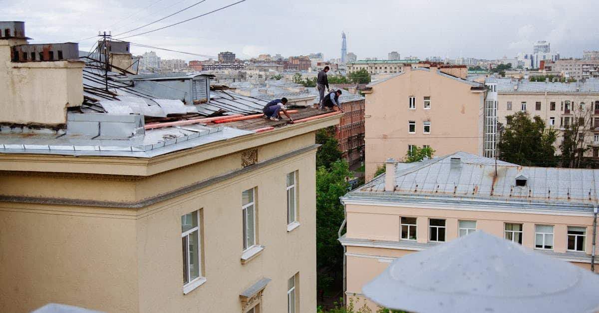 Construction workers repairing a rooftop in a vibrant cityscape.