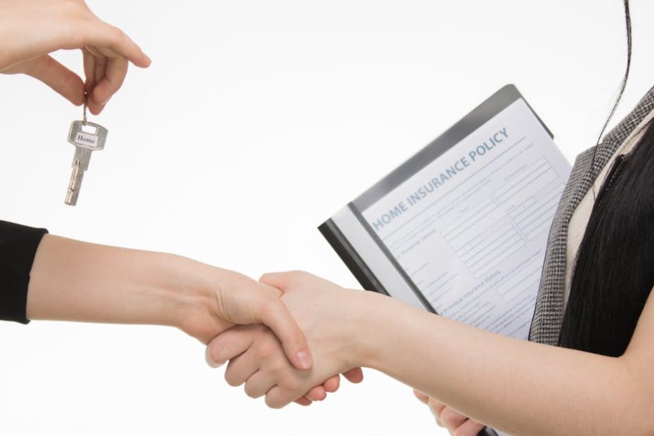 A real estate transaction with a handshake and key exchange, highlighting a home insurance document.