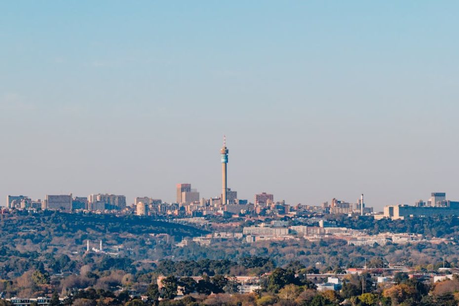 Shot of Johannesburg skyline featuring the iconic Hillbrow Tower on a clear day.