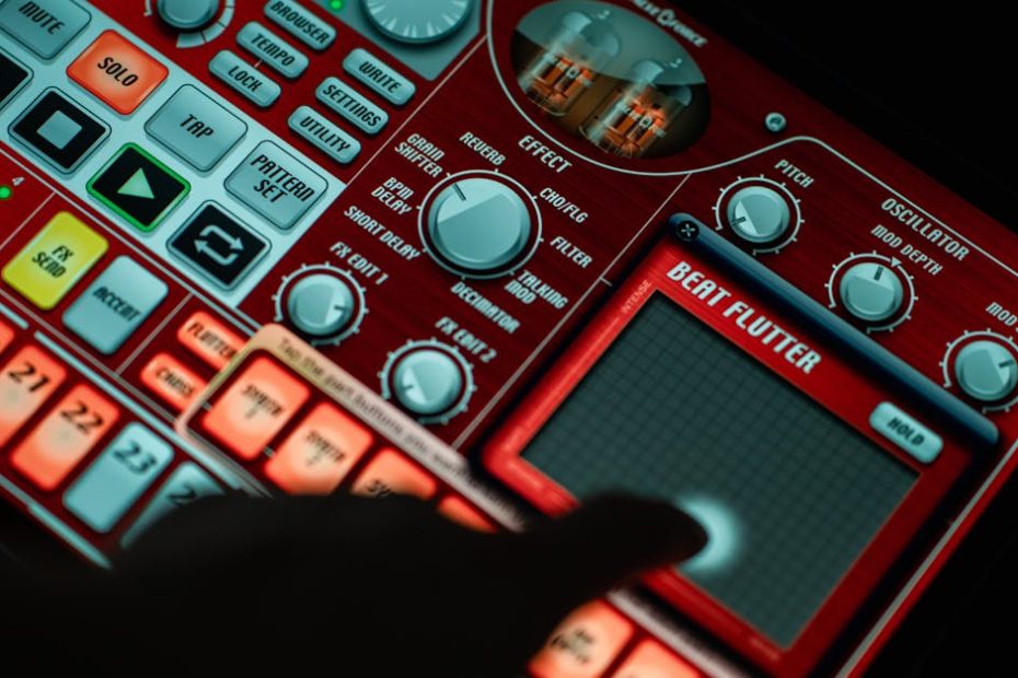 Close-up of a finger interacting with a music production app on a tablet, showcasing vibrant controls.