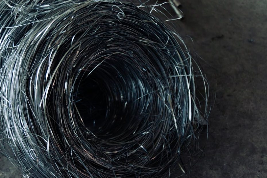 A roll of coiled metal wire in a factory setting, highlighting industrial textures.