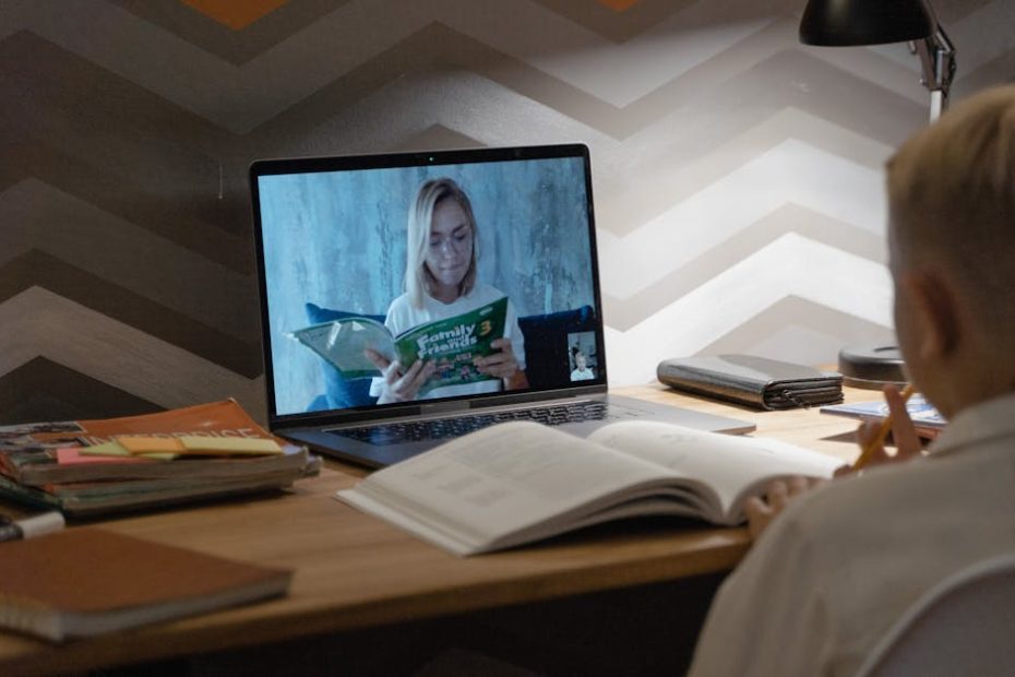 A child participates in an engaging online learning session via video chat on a laptop.