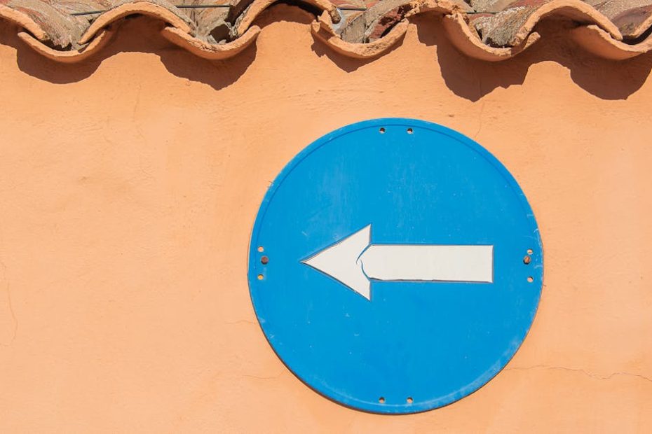A blue left arrow traffic sign mounted on a terracotta tiled wall.