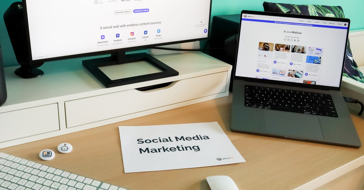 Stylish workspace with laptop and monitor for social media marketing.